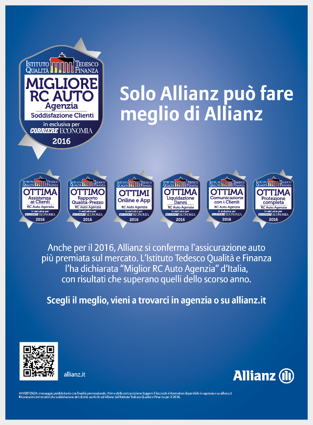 Miglior RC Auto - Ancora una volta Allianz viene premiata dall'Istituto Tedesco Qualità e Finanza per la sua polizza di RC Auto.