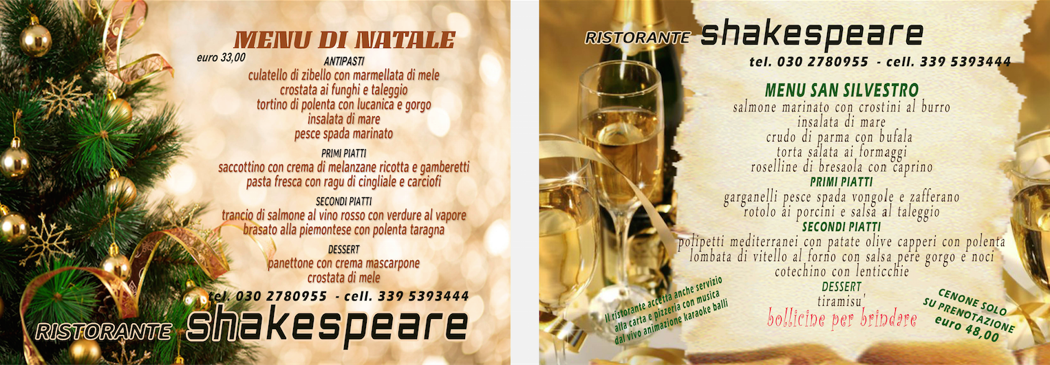 Ristorante Pizzeria Shakespeare Menù di Natale e San Silvestro